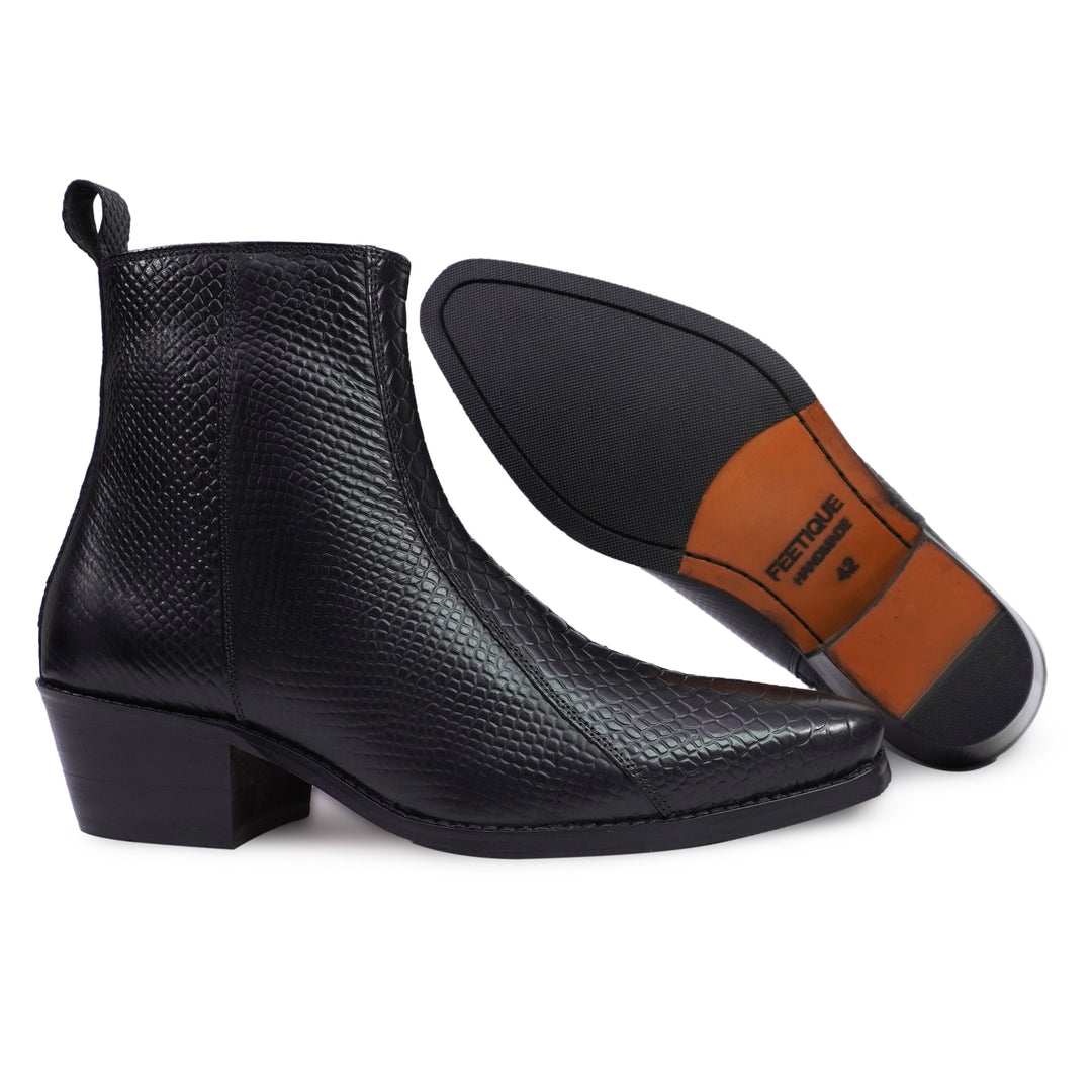 Feetique Handmade Leather Boot With Cuban Heel And Handmade Sheet Sole (SNAKE PRINT)