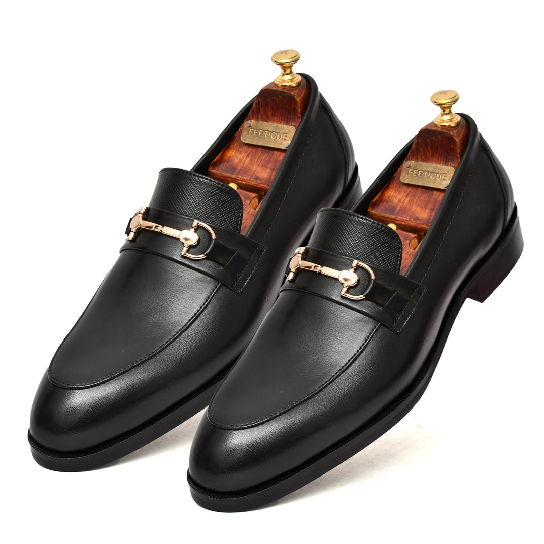 Men's black crust leather formal loafer shoe, business & casual party wear - Feetique Footwea