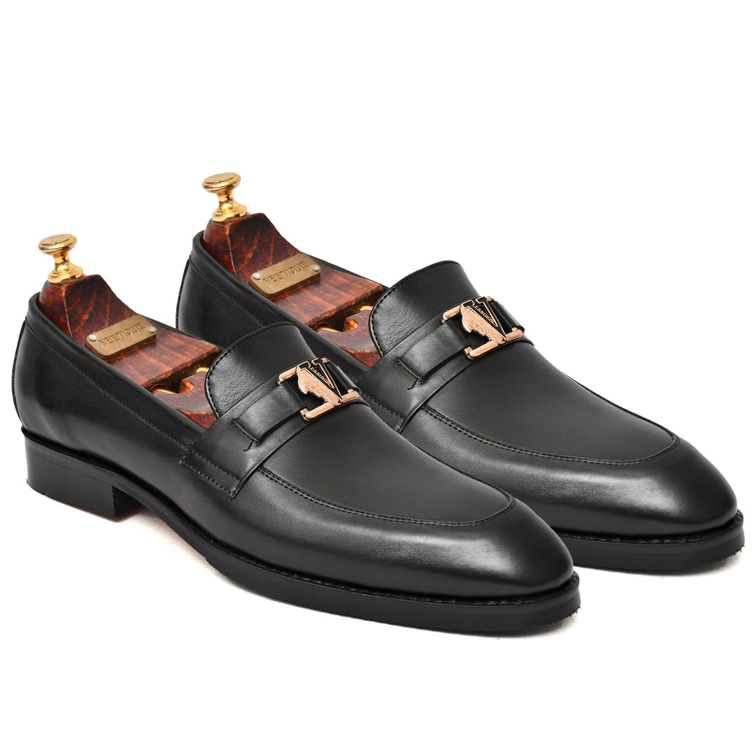 Men's black crust leather formal loafer shoe, business & casual party wear - Feetique Footwea