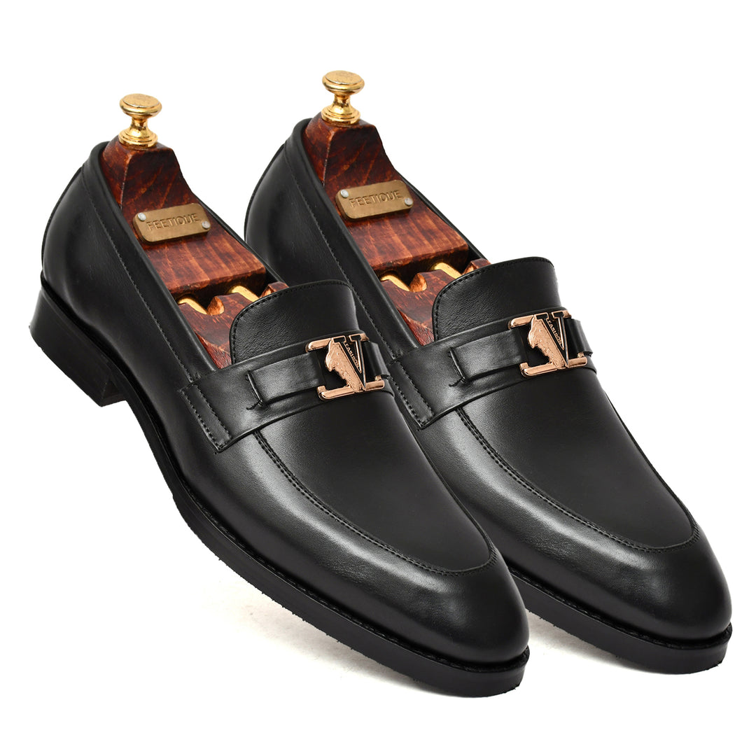 Men's black crust leather formal loafer shoe, business & casual party wear - Feetique Footwea