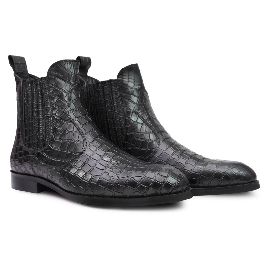 Feetique Men's Genuine Crust Leather Boot, Casual Pointed Boots For Men (Croco Print)