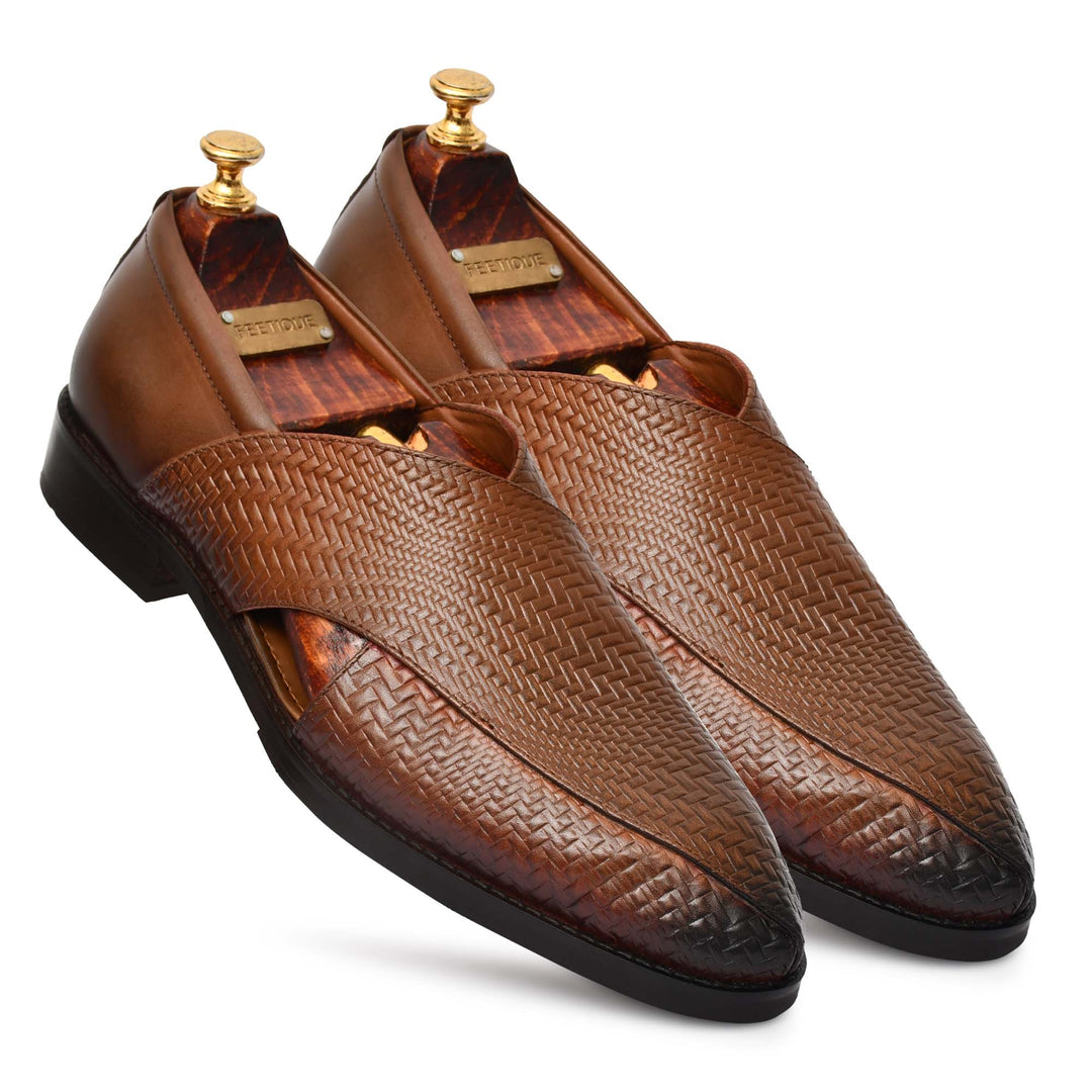 Men's Genuine Leather Unique Design Tan Color Peshawari Sandals Shoes - Feetique Footwea