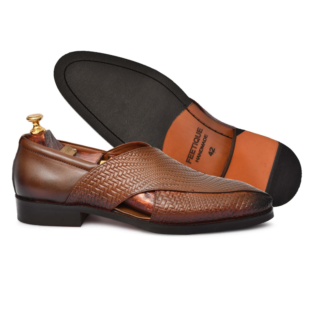 Men's Genuine Leather Unique Design Tan Color Peshawari Sandals Shoes - Feetique Footwea