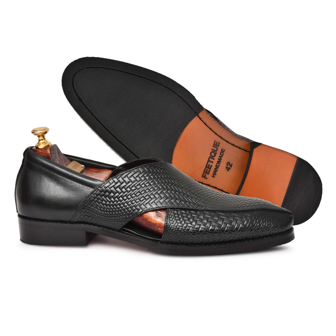 Men's Genuine Leather Unique Design Black Color Peshawari Sandals Shoes - Feetique Footwea