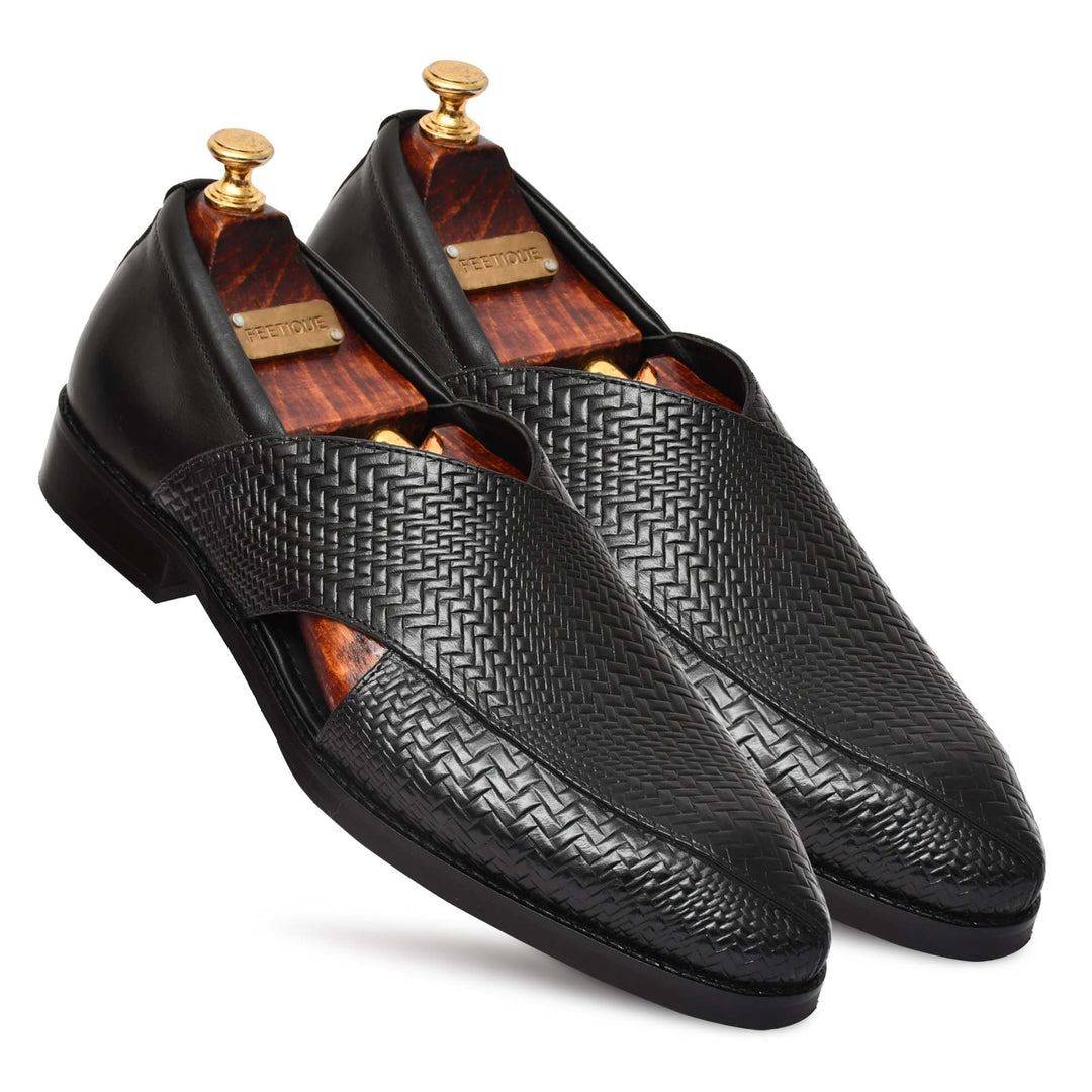 Men's Genuine Leather Unique Design Black Color Peshawari Sandals Shoes - Feetique Footwea