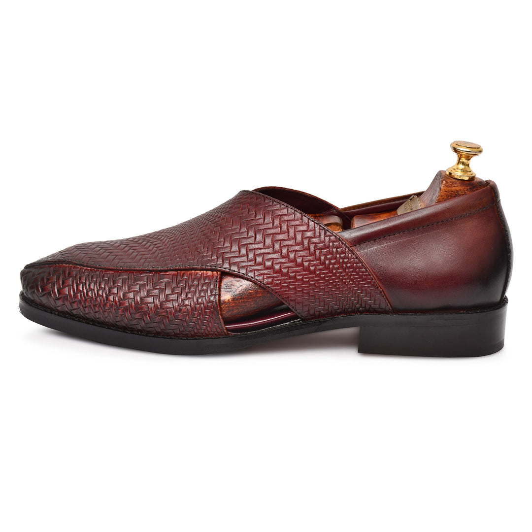 Men's Genuine Leather Unique Design wine Color Peshawari Sandals Shoes - Feetique Footwea