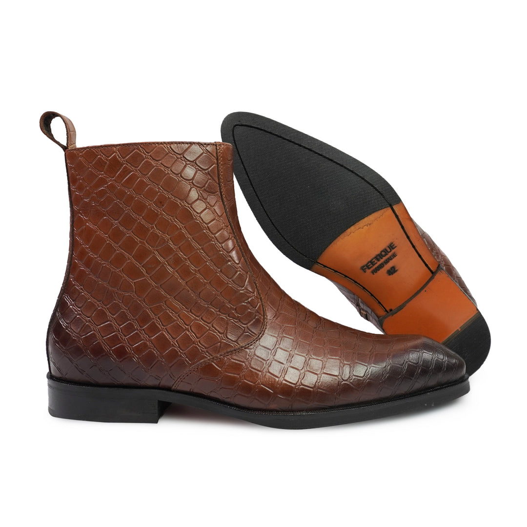 Feetique Men's Handmade Genuine Crust Leather Crock Design Zip Boot, Casual Round Boots For Men - Feetique Footwea