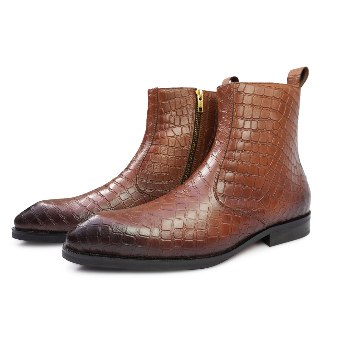 Feetique Men's Handmade Genuine Crust Leather Crock Design Zip Boot, Casual Round Boots For Men - Feetique Footwea