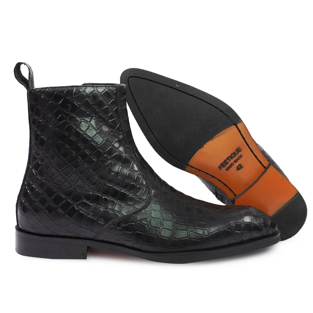 Feetique Men's Handmade Genuine Crust Leather Crock Design Zip Boot, Casual Round Boots For Men - Feetique Footwea