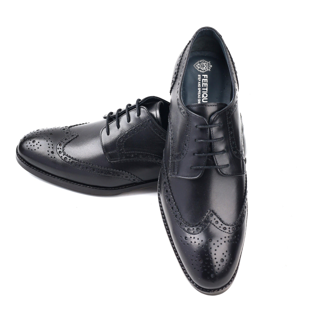 mens black leather toe-wing brogue derby dress shoe, office & casual party wear - Feetique Footwea
