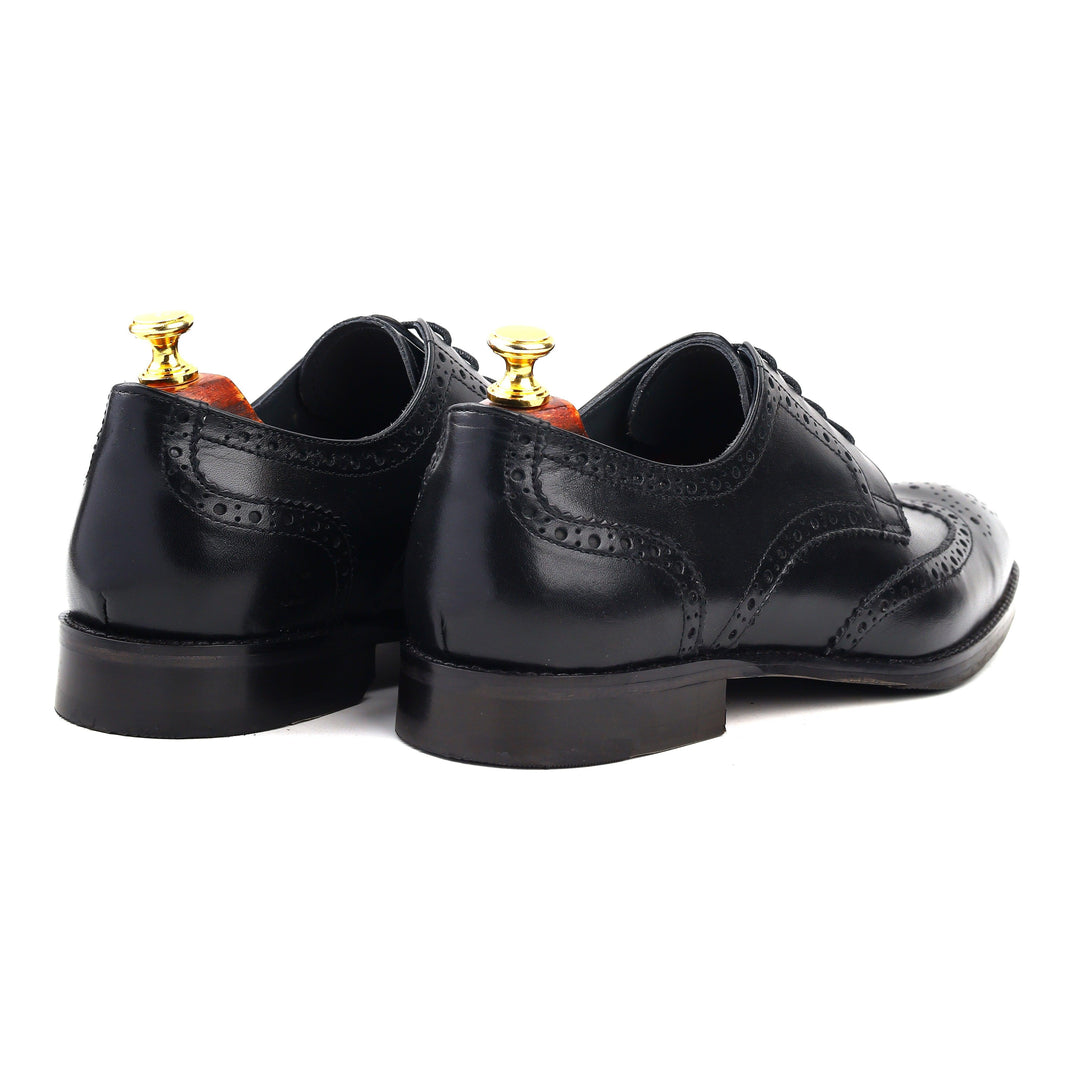 mens black leather toe-wing brogue derby dress shoe, office & casual party wear - Feetique Footwea