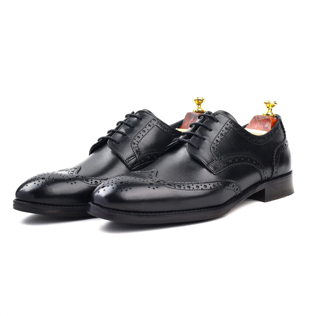 mens black leather toe-wing brogue derby dress shoe, office & casual party wear - Feetique Footwea