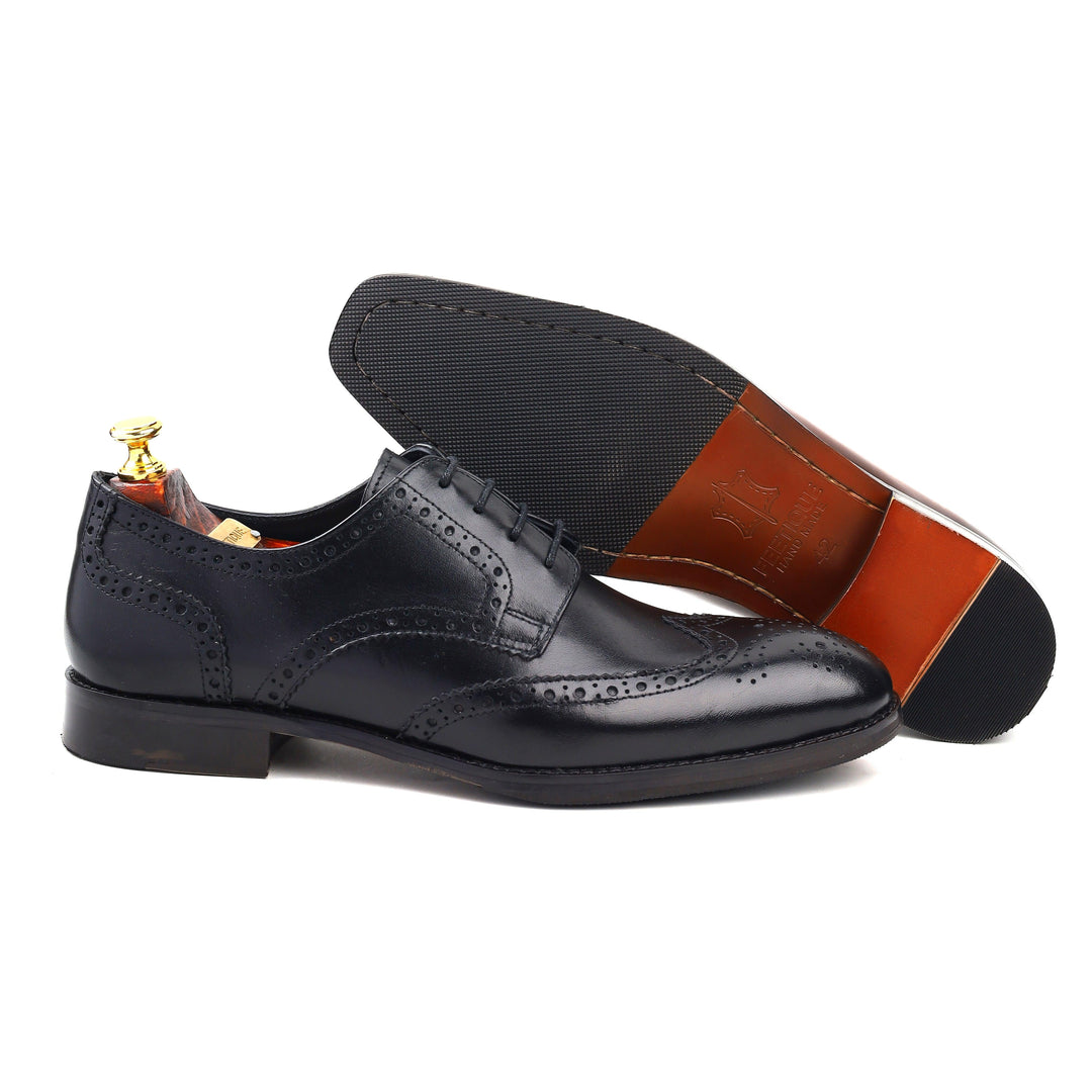 mens black leather toe-wing brogue derby dress shoe, office & casual party wear - Feetique Footwea