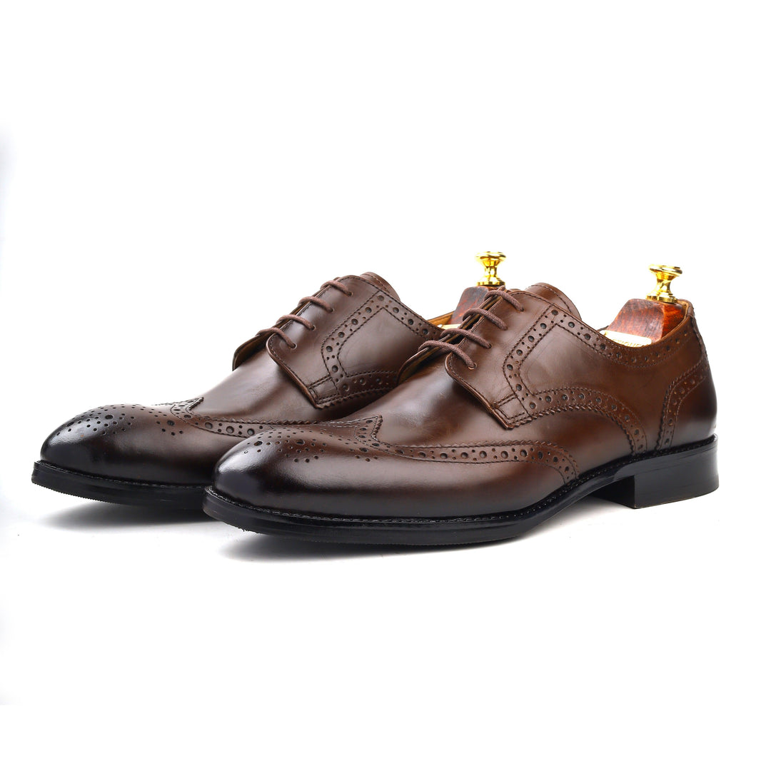 mens brown leather toe-wing brogue derby dress shoe, office & casual party wear - Feetique Footwea