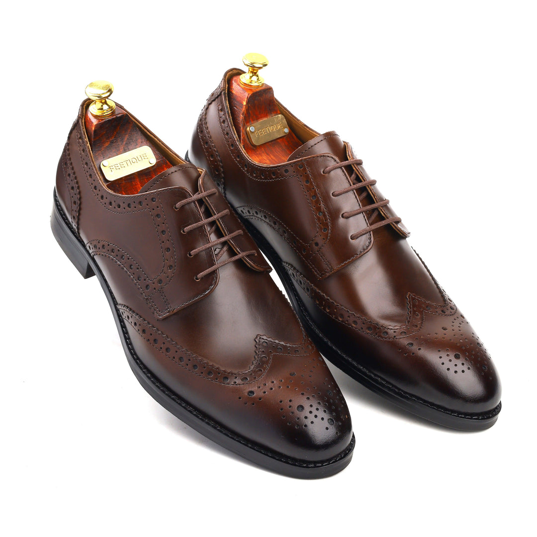 mens brown leather toe-wing brogue derby dress shoe, office & casual party wear - Feetique Footwea