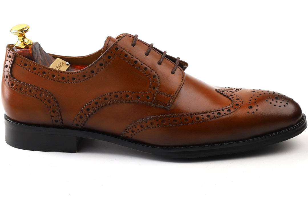 mens brown leather toe-wing brogue derby dress shoe, office & casual party wear - Feetique Footwea