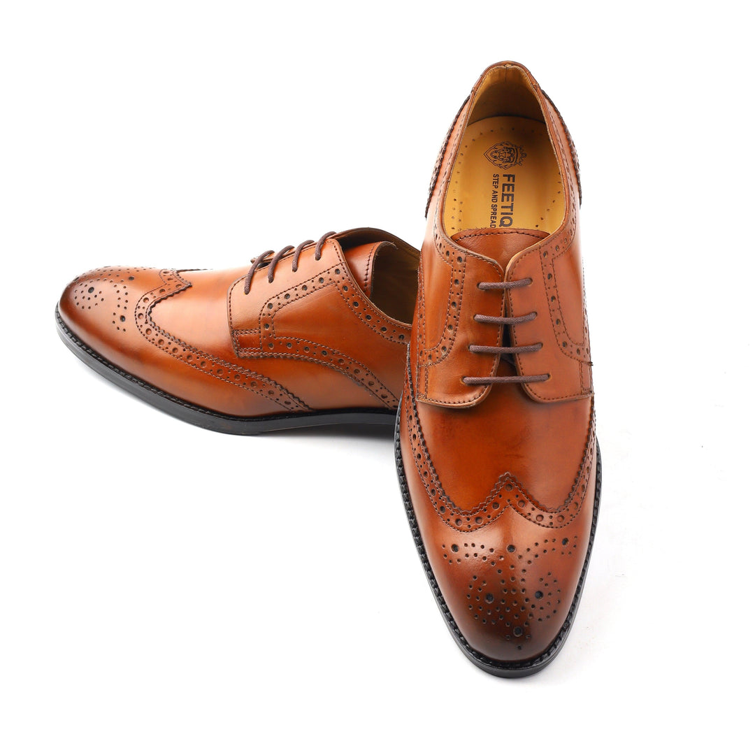 mens brown leather toe-wing brogue derby dress shoe, office & casual party wear - Feetique Footwea