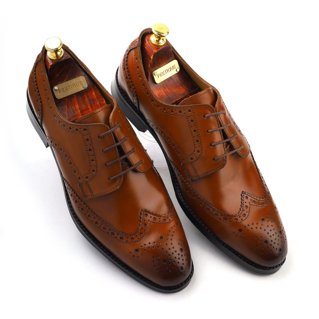 mens brown leather toe-wing brogue derby dress shoe, office & casual party wear - Feetique Footwea