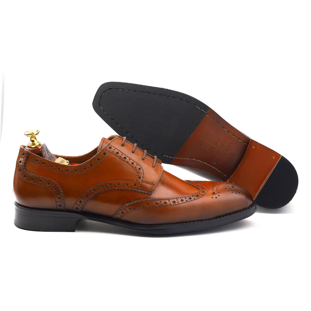 mens brown leather toe-wing brogue derby dress shoe, office & casual party wear - Feetique Footwea