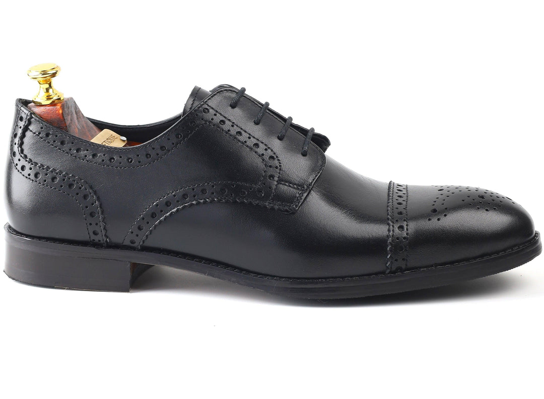 mens black leather toe-cap brogue derby dress shoe, office & casual party wear - Feetique Footwea