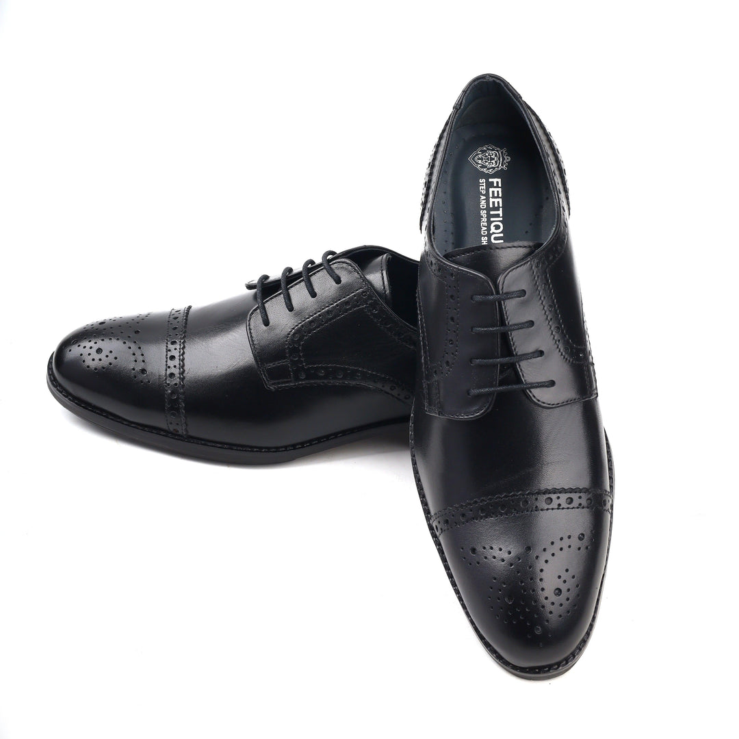 mens black leather toe-cap brogue derby dress shoe, office & casual party wear - Feetique Footwea