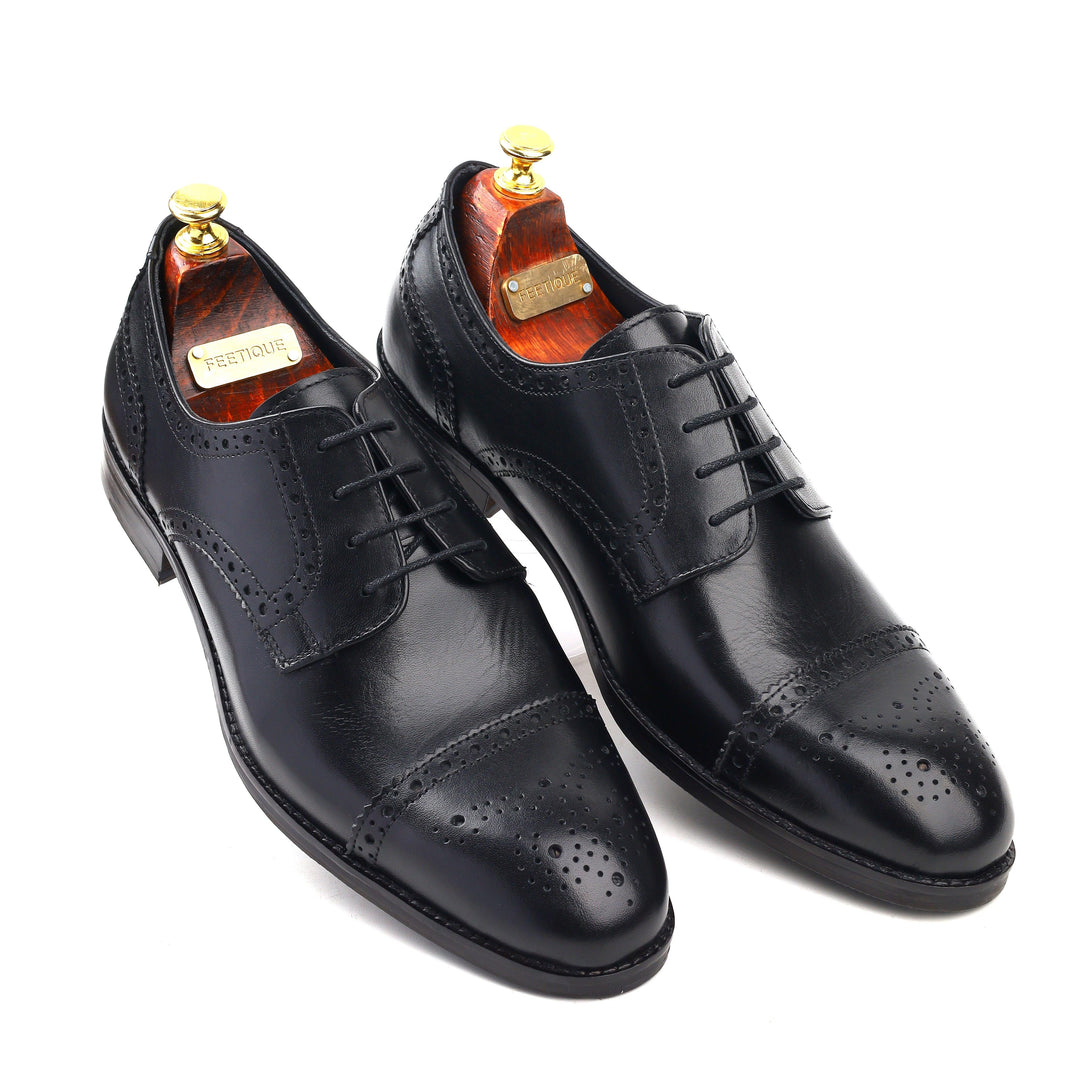 mens black leather toe-cap brogue derby dress shoe, office & casual party wear - Feetique Footwea