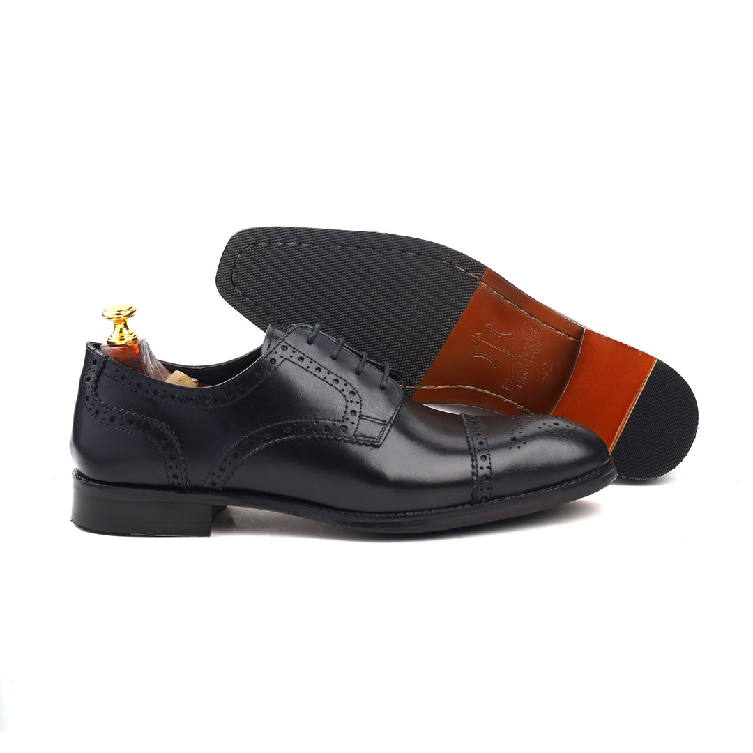 mens black leather toe-cap brogue derby dress shoe, office & casual party wear - Feetique Footwea