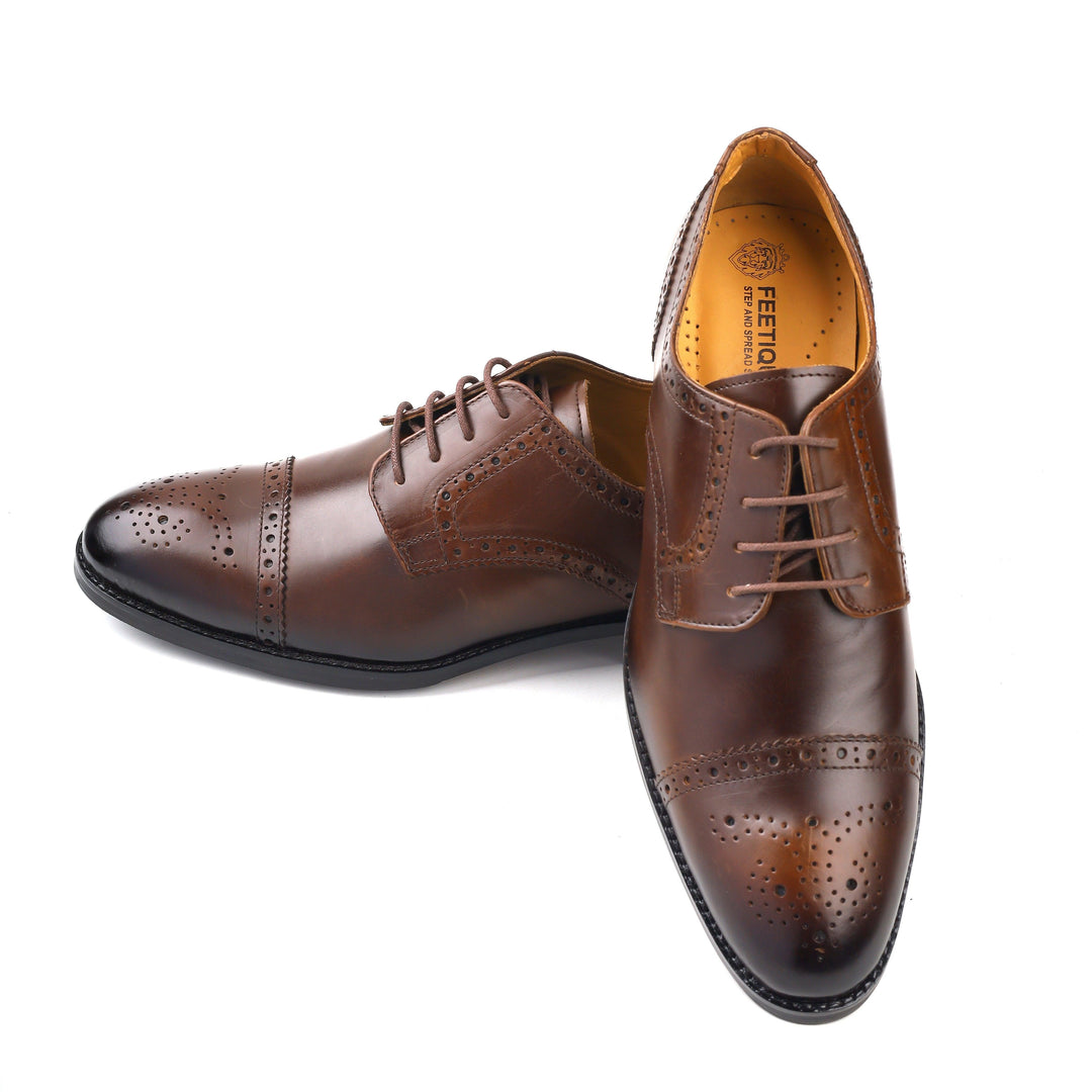 mens brown leather toe-cap brogue derby dress shoe, office & casual party wear - Feetique Footwea