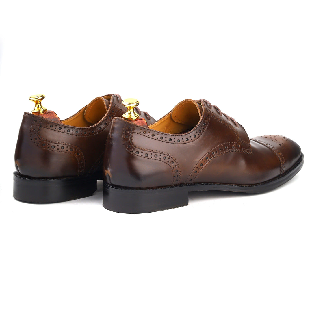 mens brown leather toe-cap brogue derby dress shoe, office & casual party wear - Feetique Footwea