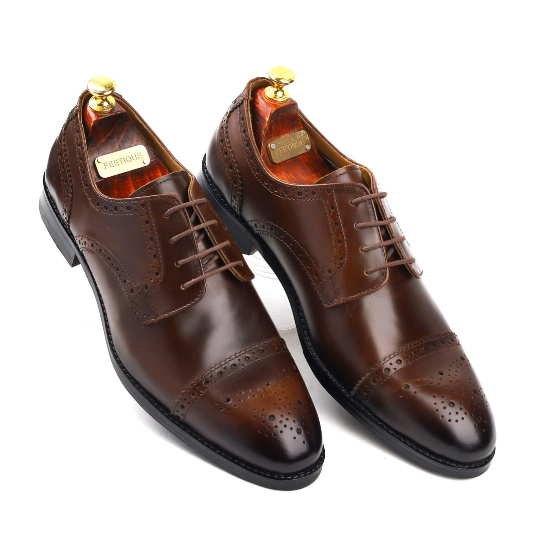 mens brown leather toe-cap brogue derby dress shoe, office & casual party wear - Feetique Footwea