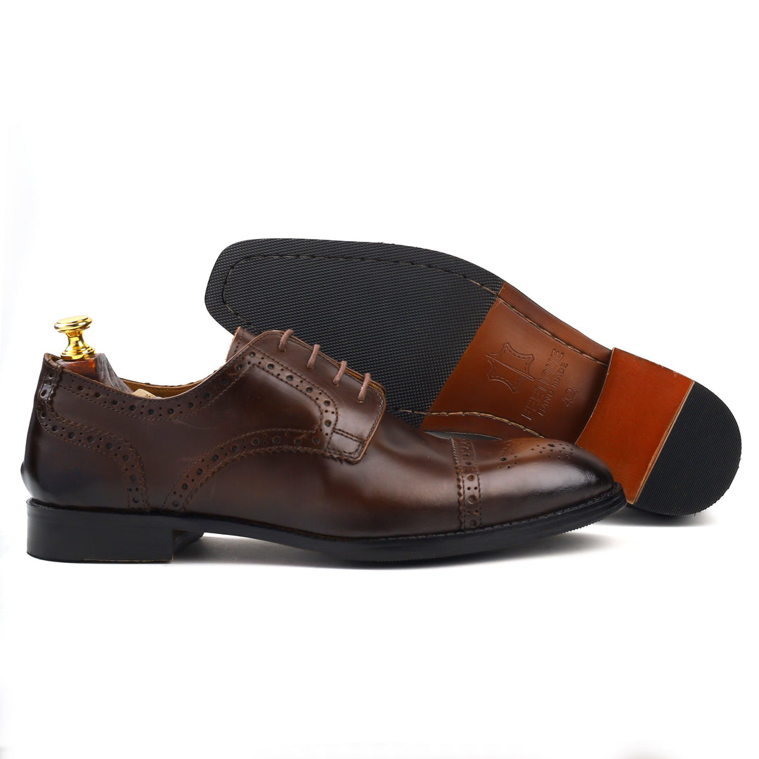 mens brown leather toe-cap brogue derby dress shoe, office & casual party wear - Feetique Footwea