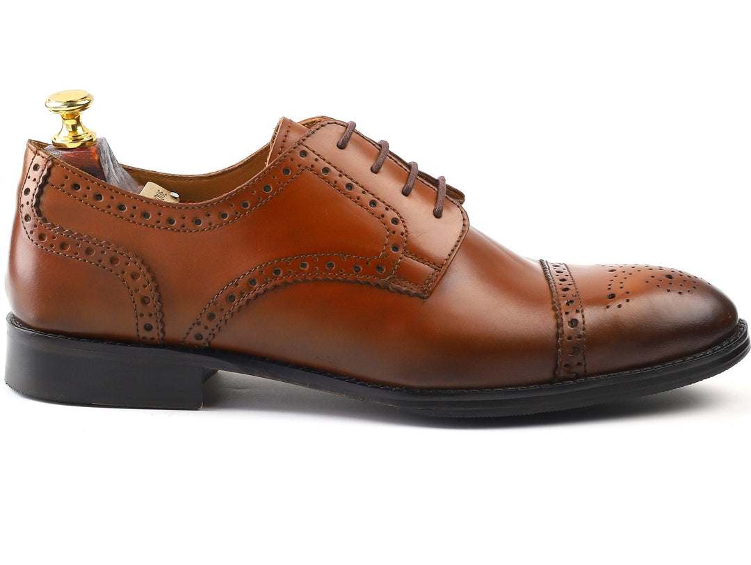 mens tan leather toe-cap brogue derby dress shoe, office & casual party wear - Feetique Footwea