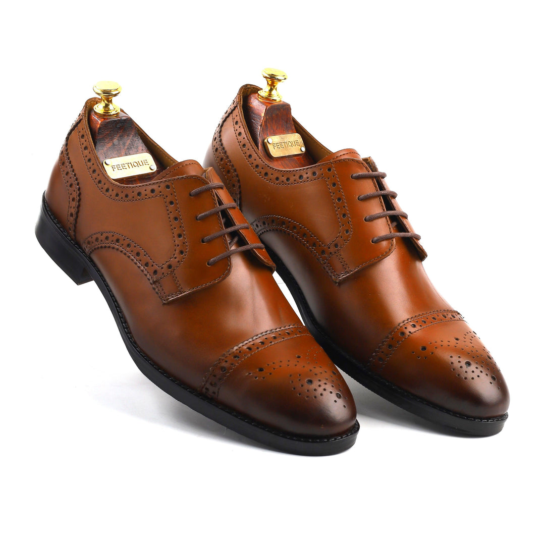 mens tan leather toe-cap brogue derby dress shoe, office & casual party wear - Feetique Footwea