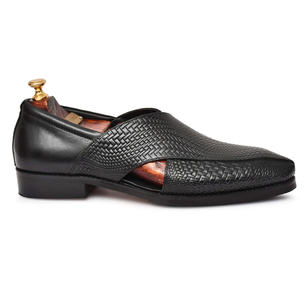 Men's Genuine Leather Unique Design Black Color Peshawari Sandals Shoes - Feetique Footwea