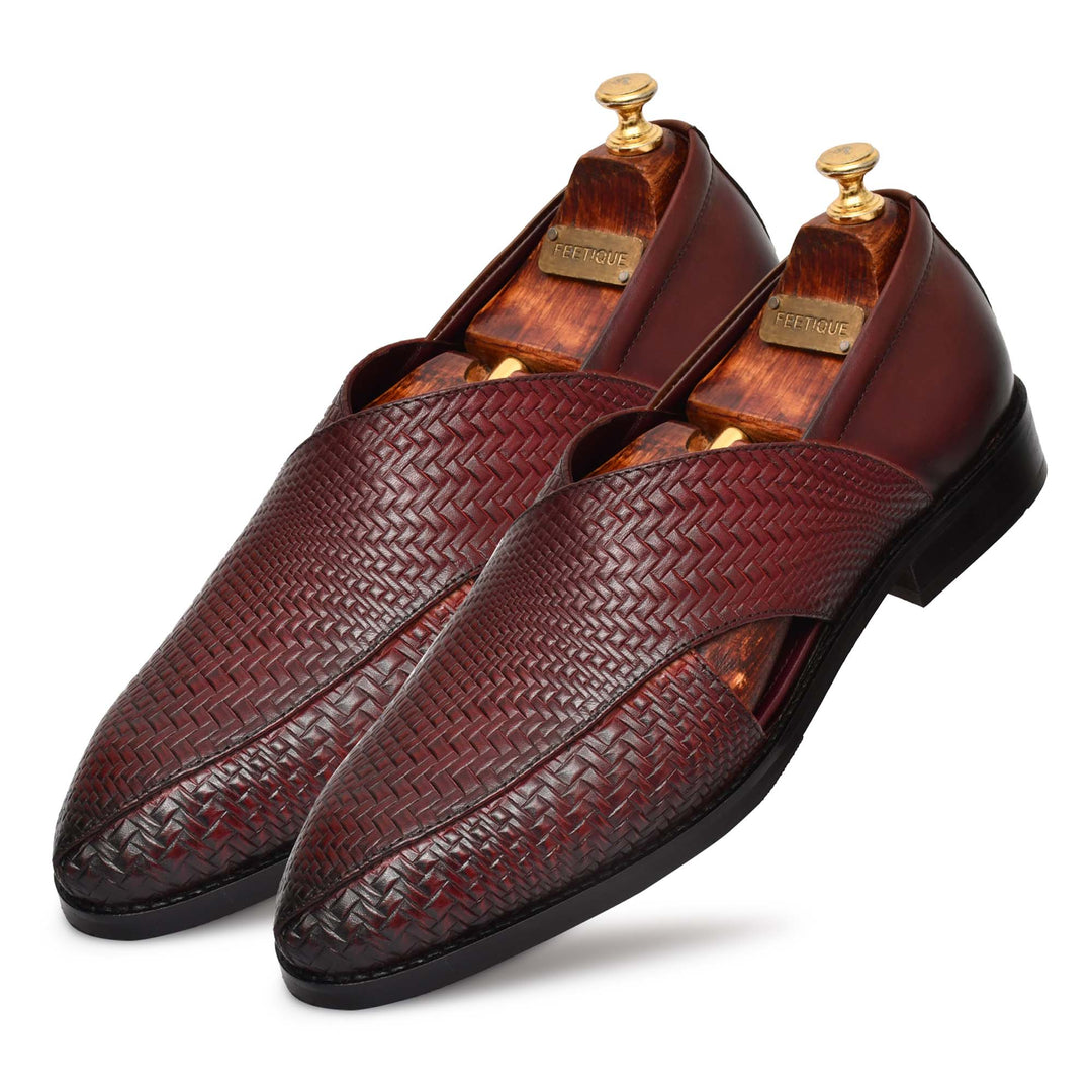 Men's Genuine Leather Unique Design wine Color Peshawari Sandals Shoes - Feetique Footwea