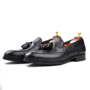 Men’s black Genuine Leather Formal Tassel Loafers Dress Shoes - Feetique Footwea