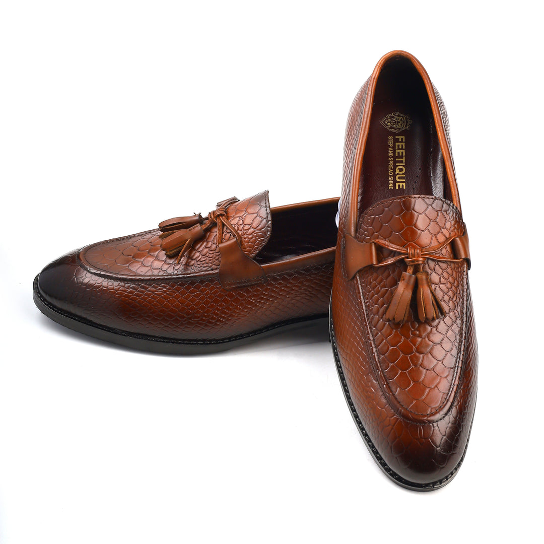 Men’s tan Genuine Leather Formal Tassel Loafers Dress Shoes - Feetique Footwea
