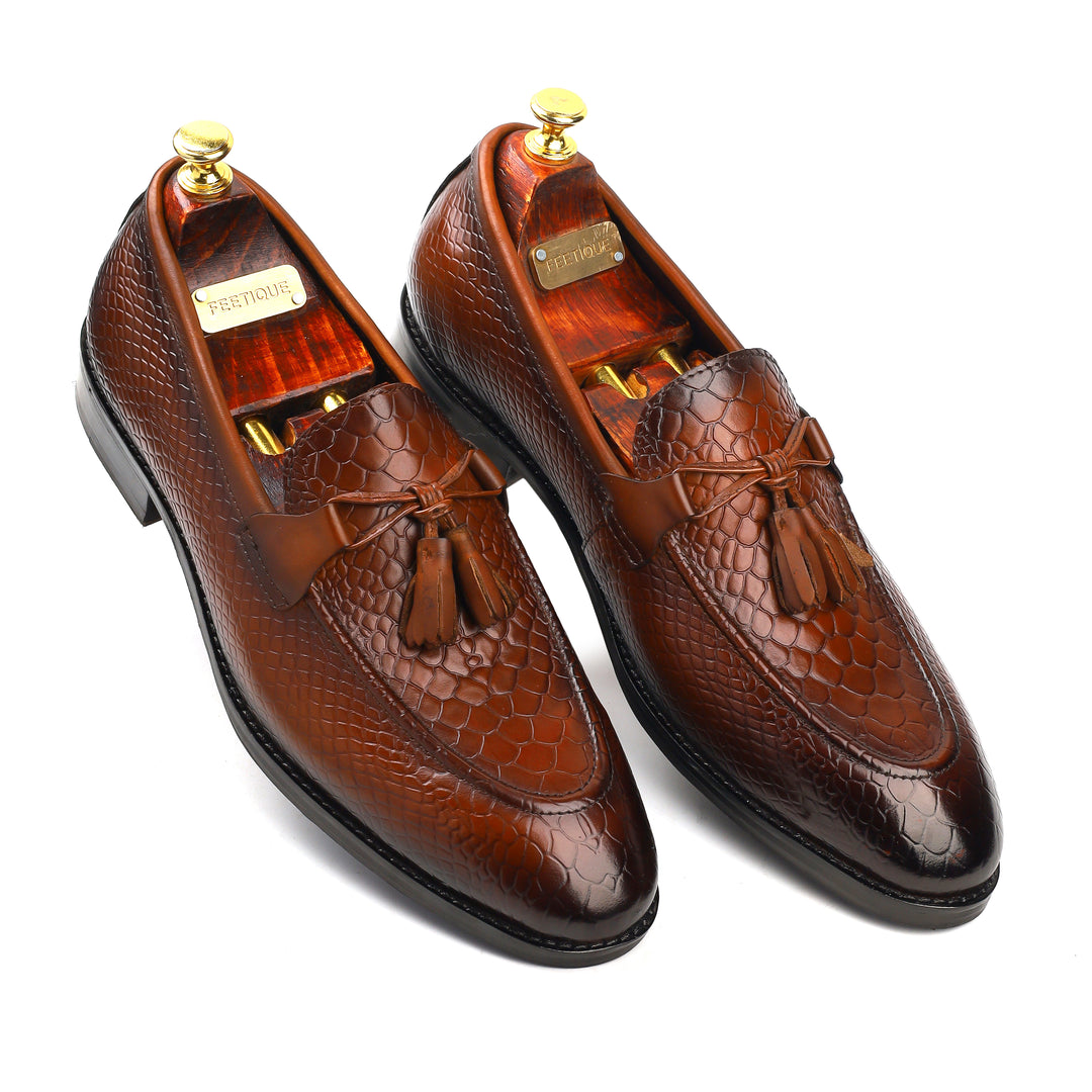 Men’s tan Genuine Leather Formal Tassel Loafers Dress Shoes - Feetique Footwea