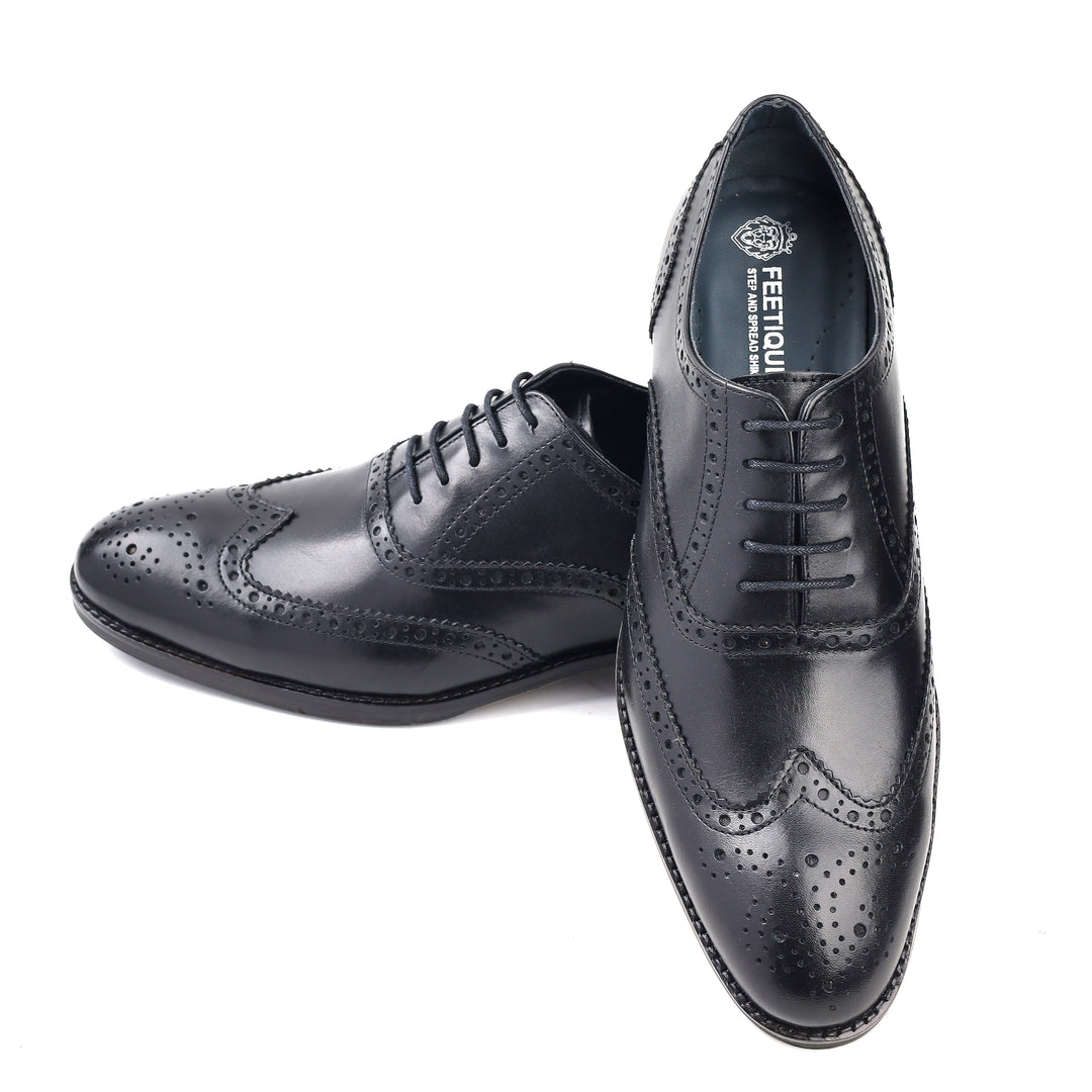 mens black leather toe wing brogue oxford dress shoe, office & formal party wear - Feetique Footwea