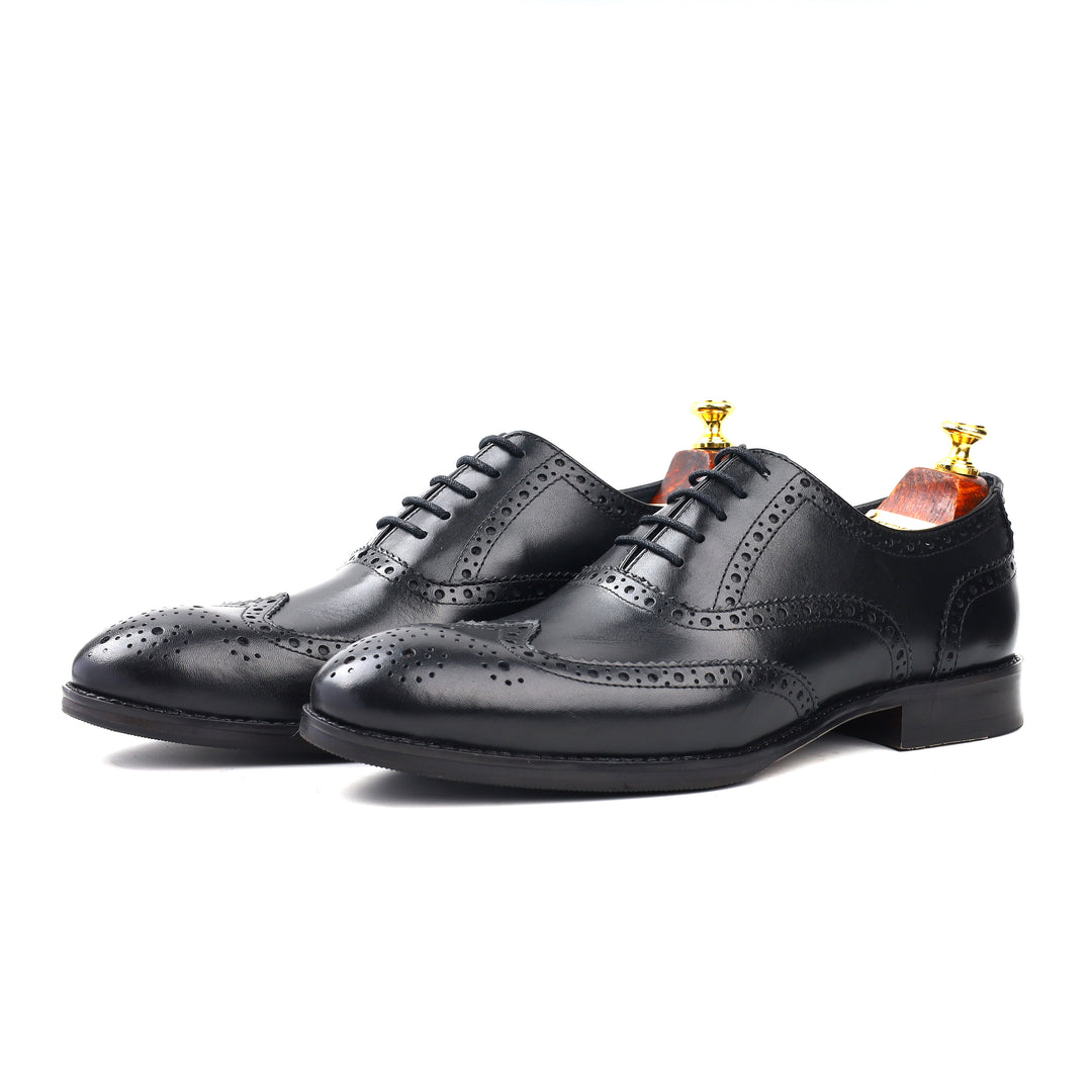 mens black leather toe wing brogue oxford dress shoe, office & formal party wear - Feetique Footwea