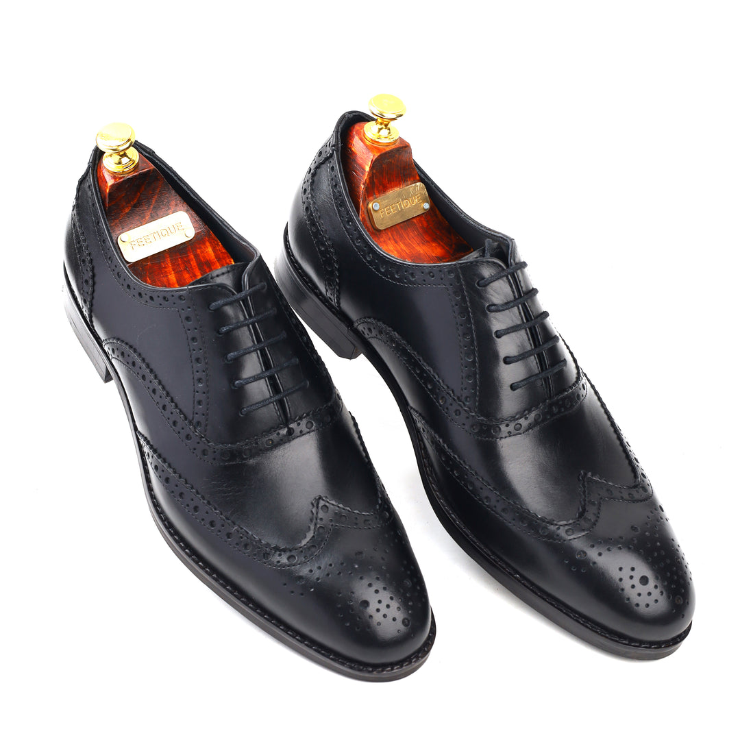 mens black leather toe wing brogue oxford dress shoe, office & formal party wear - Feetique Footwea
