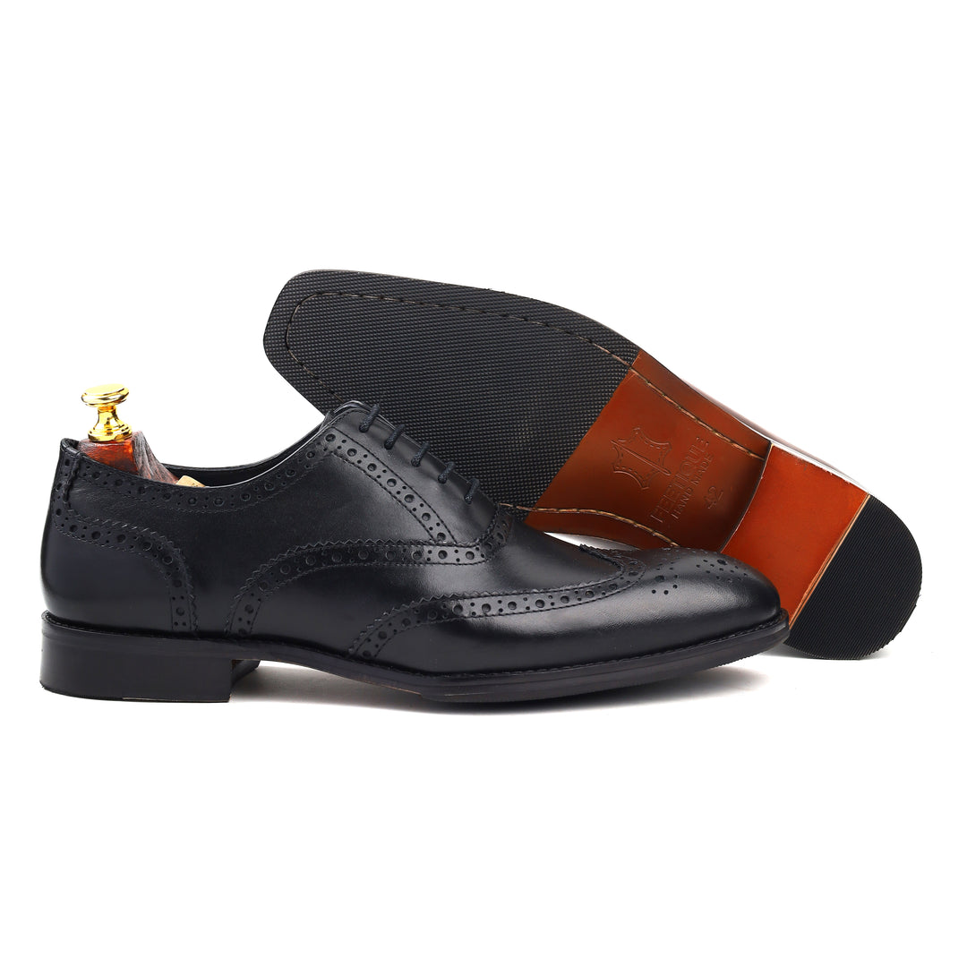 mens black leather toe wing brogue oxford dress shoe, office & formal party wear - Feetique Footwea