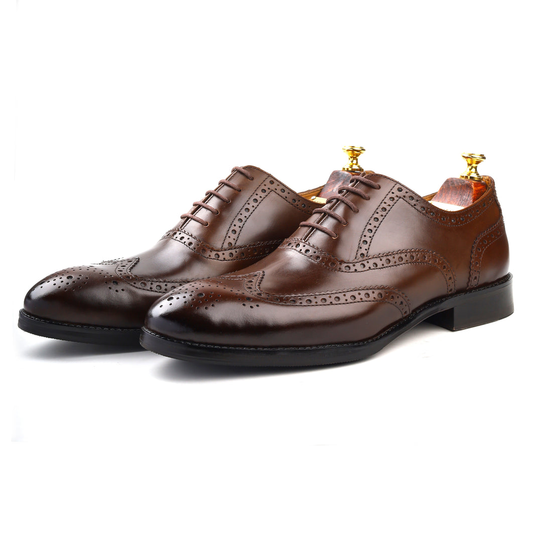 mens brown leather toe wing brogue oxford dress shoe, office & formal party wear - Feetique Footwea