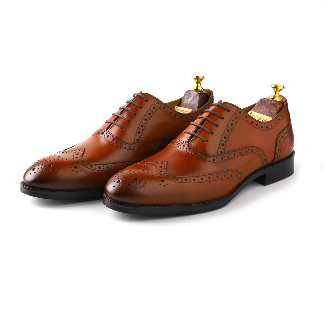 mens tan leather toe wing brogue oxford dress shoe, office & formal party wear - Feetique Footwea