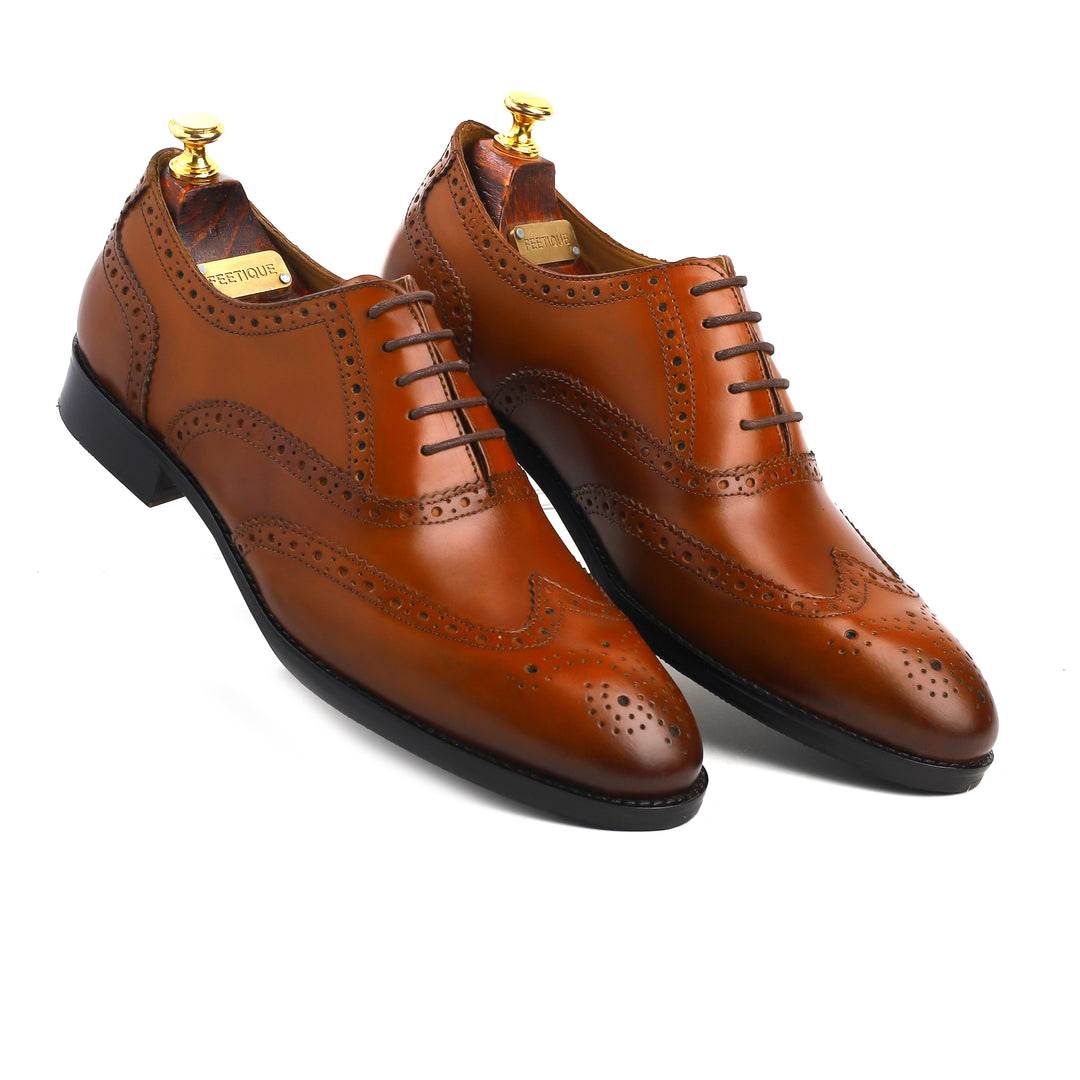 mens tan leather toe wing brogue oxford dress shoe, office & formal party wear - Feetique Footwea