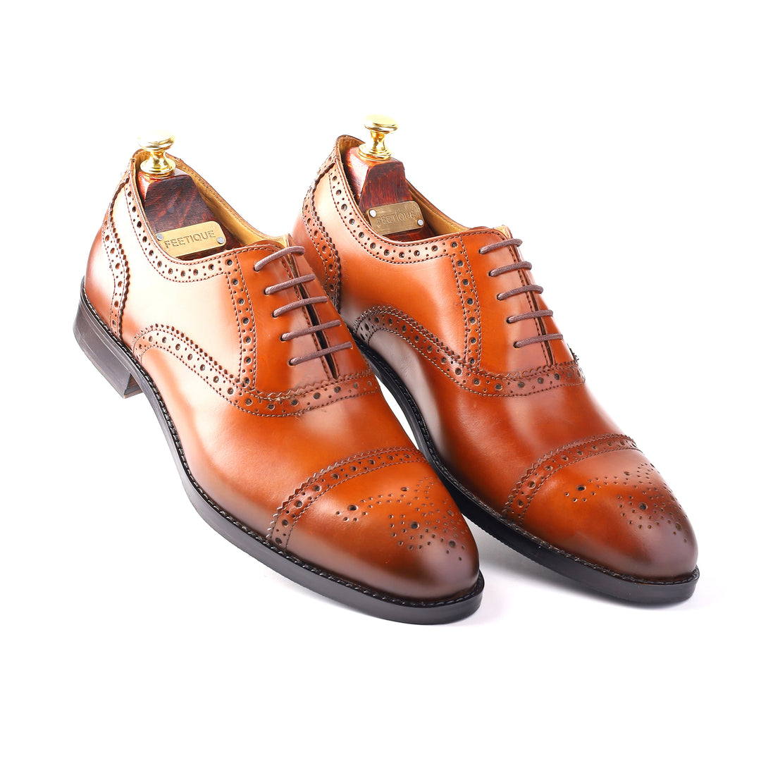 mens tan leather brogue oxford dress shoe, office & formal party wear - Feetique Footwea