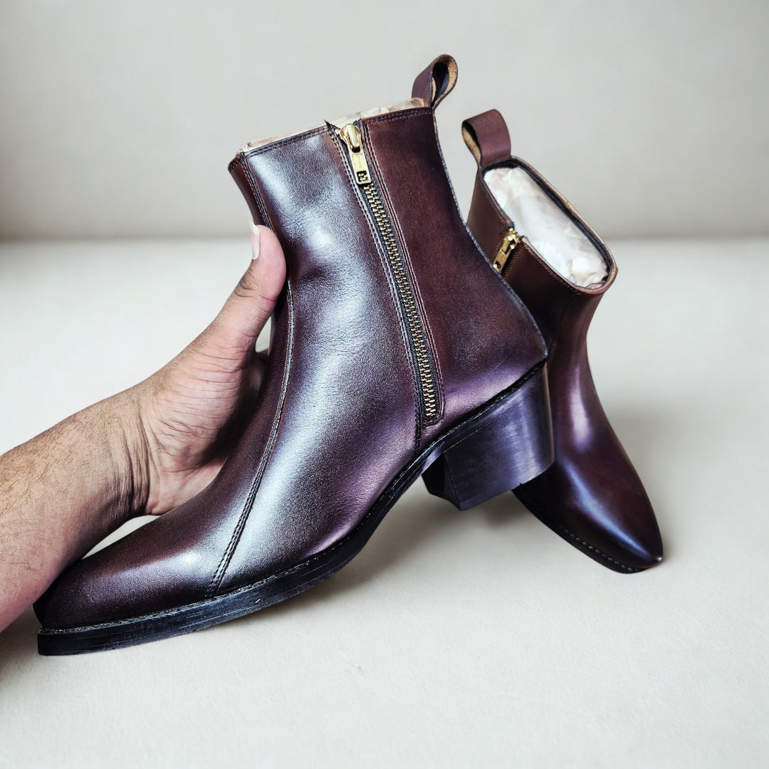 Feetique Handmade Leather Wine Color Boot With Cuban Heel And Handmade Sheet Sole