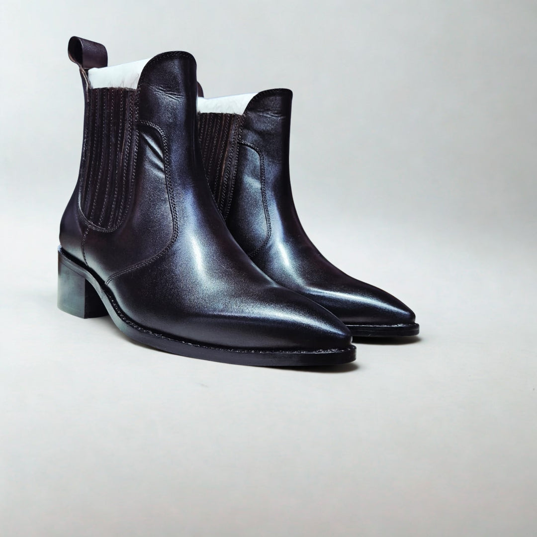 Feetique Handmade Wine Color Leather Boot With Cuban Heel And Handmade Sheet Sole