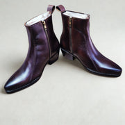 Feetique Handmade Leather Wine Color Boot With Cuban Heel And Handmade Sheet Sole